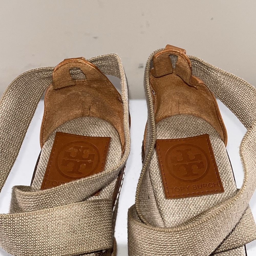 Tory Burch Sandals Womens 9.5 Khaki Frieda Stripe Platform Espadrille Wedge Heel - Picture 7 of 11